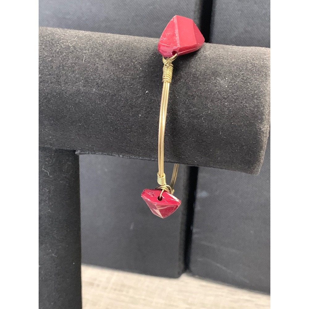 Handmade Red Geometric Wire Wrapped Bangle Bracelet Gold Tone Minimalist 6 Inch
